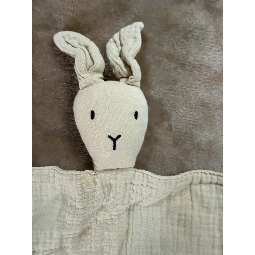 Rabbit Lovey Security Blanket Muslin Cotton Beige Knotted Corners